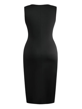 Robe crayon noire sans manches nœuds papillon latéral et fente des années 1950