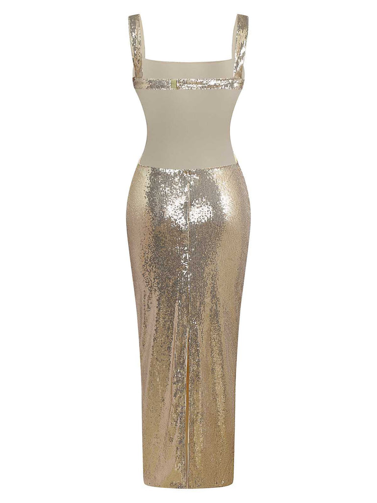 Robe longue de soirée dos nu à paillettes dorées des années 1920