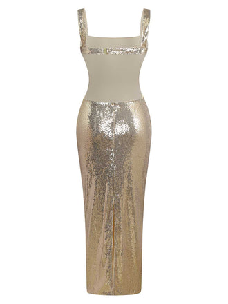 Robe longue de soirée dos nu à paillettes dorées des années 1920