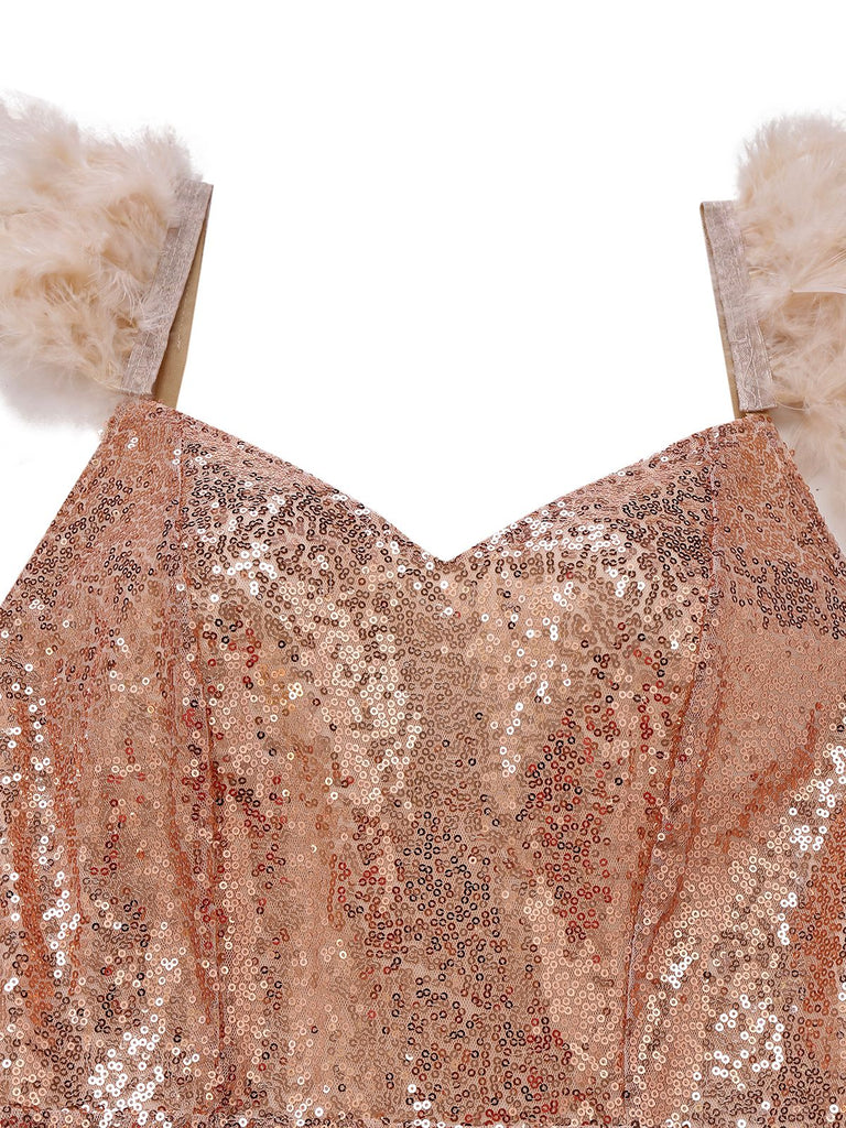 Robe sequins col en V bretelles à plumes fente haute années 1930