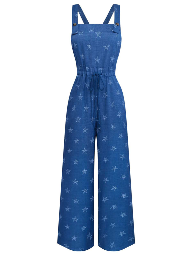 Combinaison salopette bleue bohème à imprimé étoiles années 70