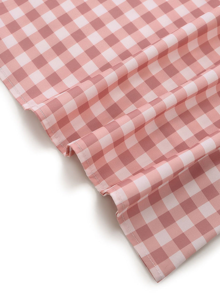 Robe longue évasée sans manches col V carreaux vichy rose années 1940