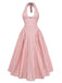 Robe longue évasée sans manches col V carreaux vichy rose années 1940