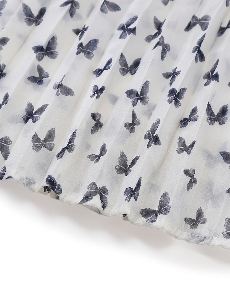 Robe mi-longue blanche à corset en velours plissé et perles papillon des années 1980