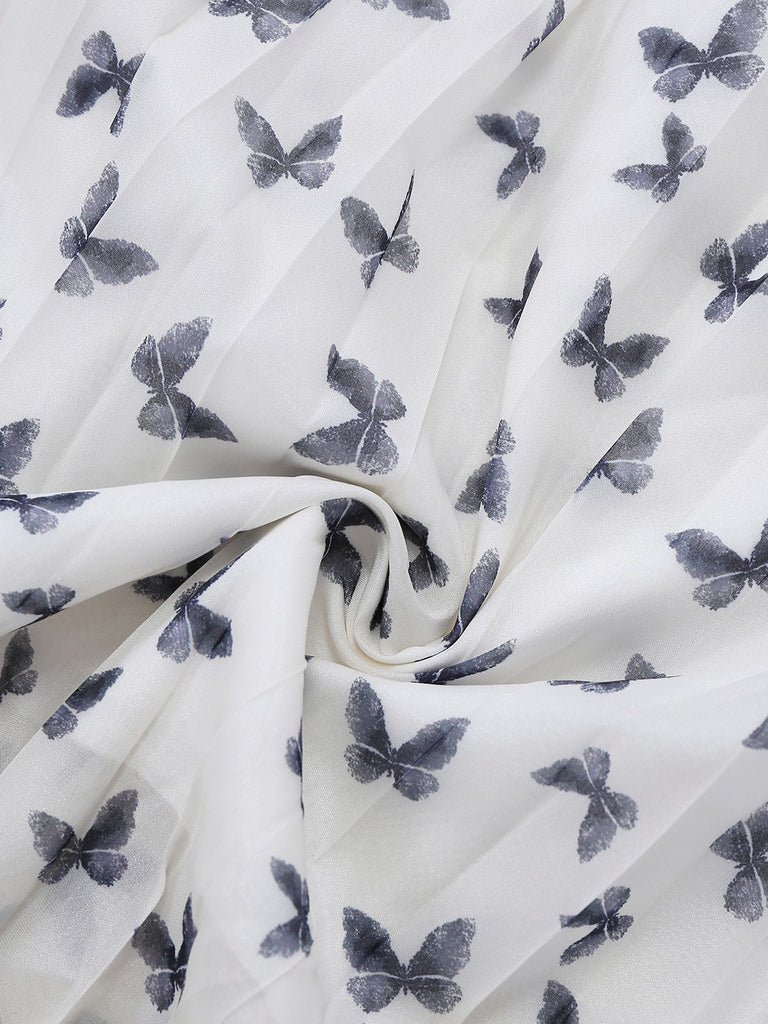 Robe mi-longue blanche à corset en velours plissé et perles papillon des années 1980