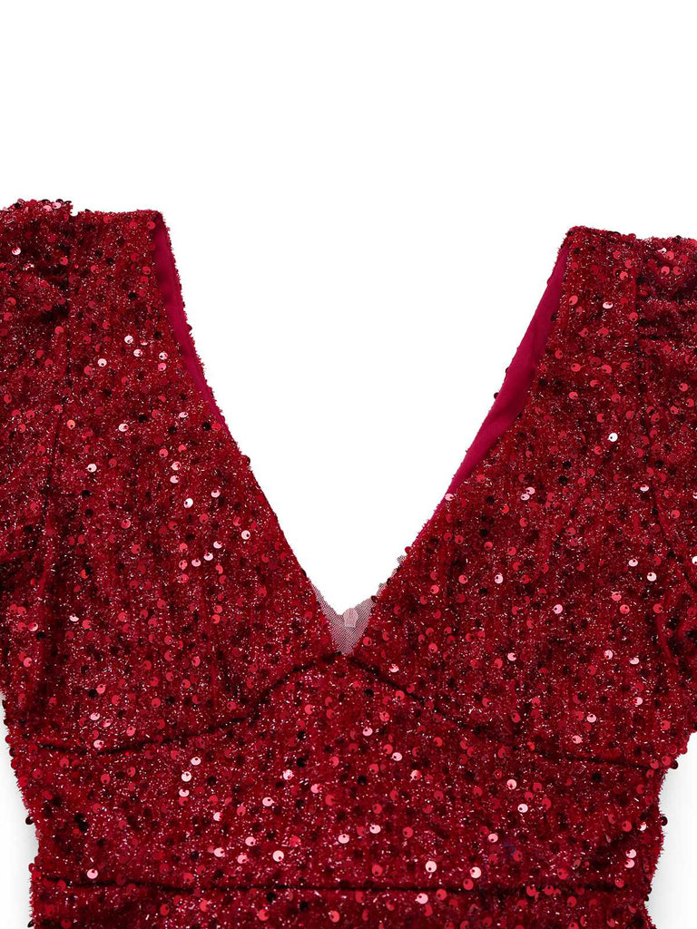 Robe sirène longue à paillettes et nœud rouge vin années 30