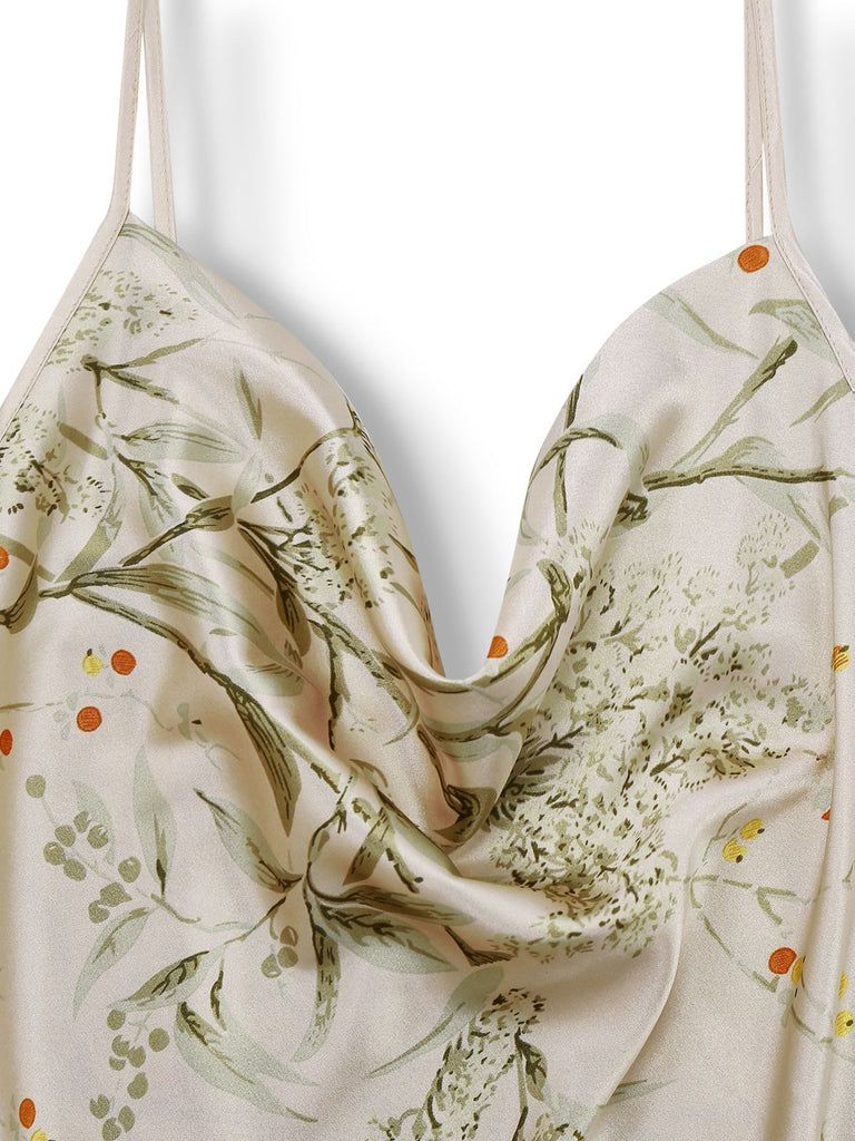 2PCS Nuisette en satin à bretelles et peignoir fleuries des années 1950