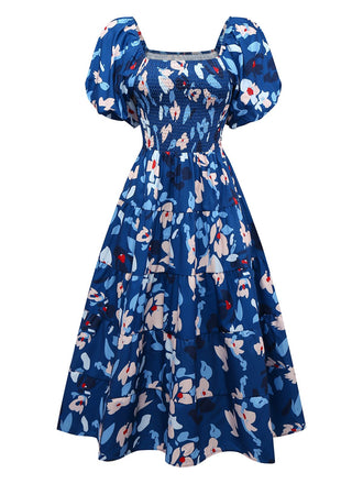 Robe bleue à fleurs manches bouffantes épaules dénudées années 1940