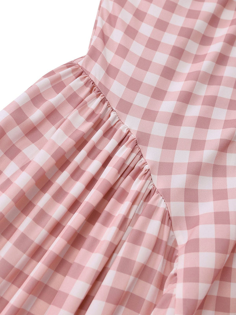 Robe longue évasée sans manches col V carreaux vichy rose années 1940