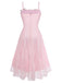 Robe longue rose à fines bretelles dentelle florale années 1940