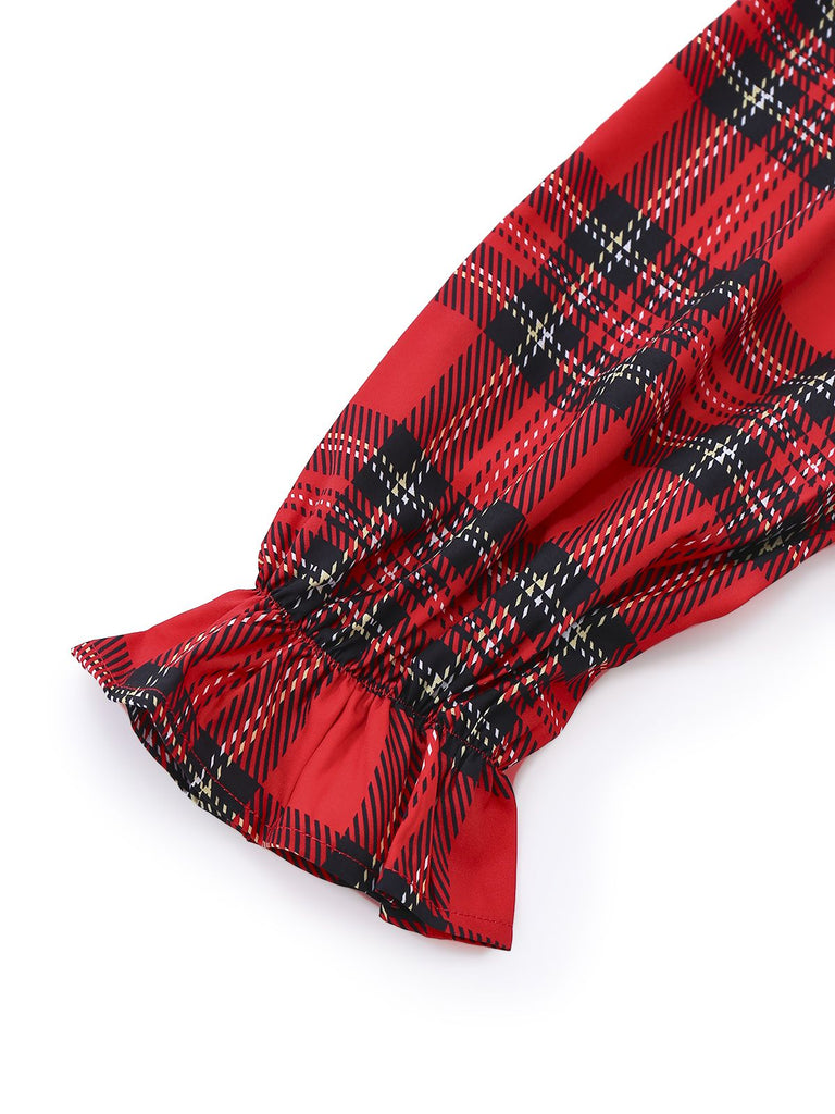 Robe rouge à carreaux et nœud col en V profond manches lanternes des années 1950