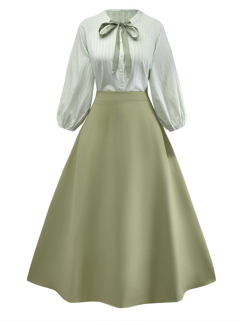2PCS Chemisier vert col noué et jupe trapèze des années 1980