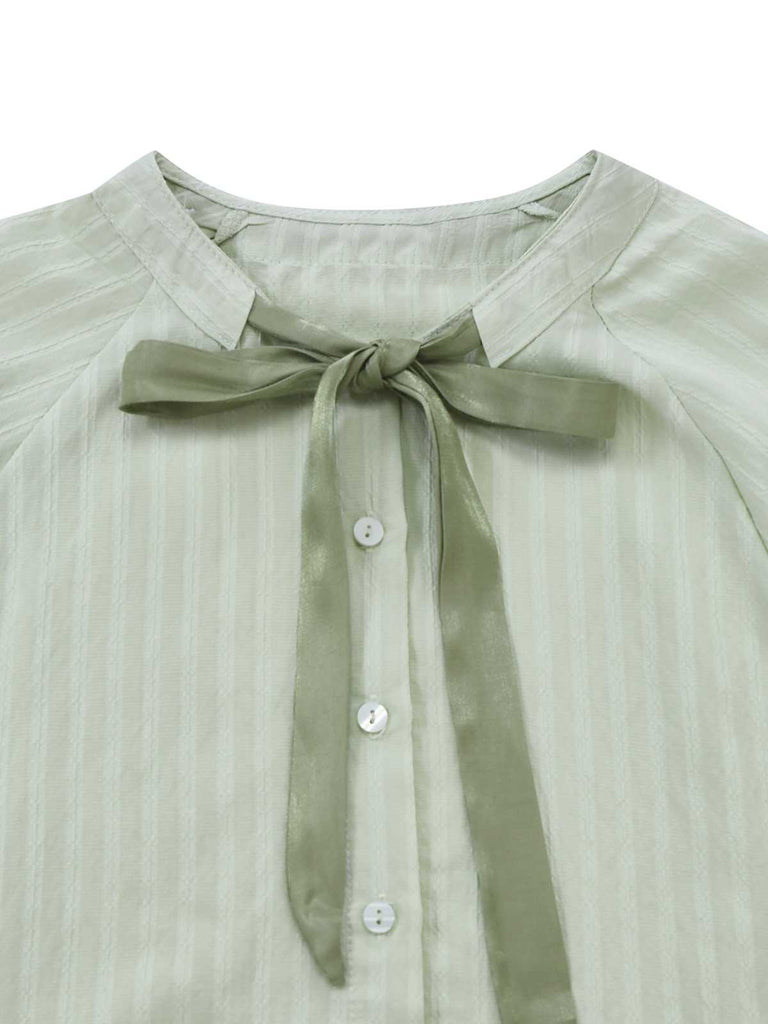 2PCS Chemisier vert col noué et jupe trapèze des années 1980