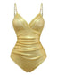 Maillot de bain une pièce doré à bretelles froncées et perles années 1980