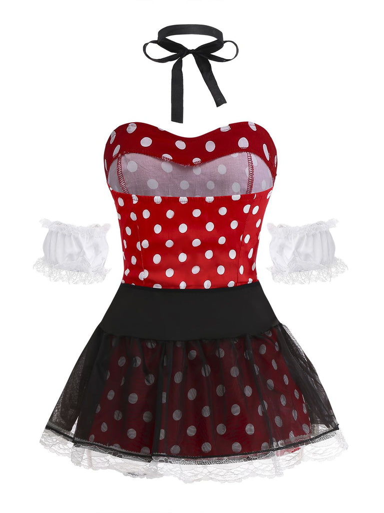 Ensemble robe à pois rouges et jupe en résille années 1980