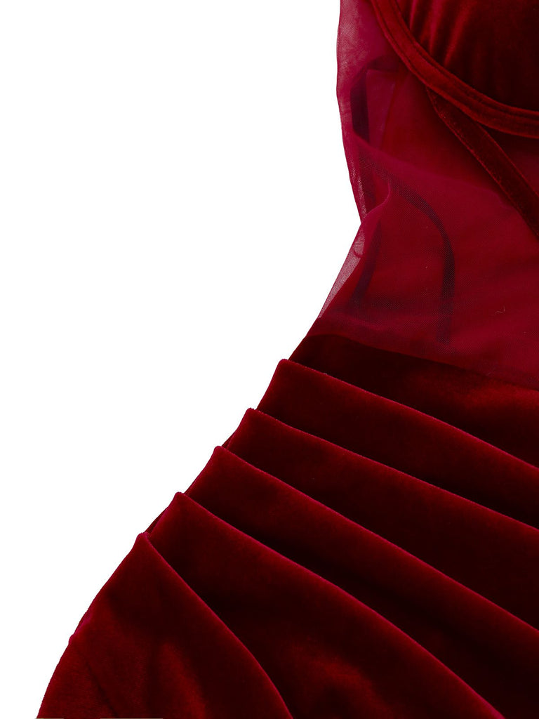 Robe bustier baleinée fendue en velours bordeaux des années 1980