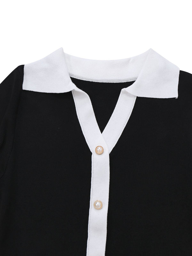 Robe noir et blanc à volants en tricot contrasté années 1970