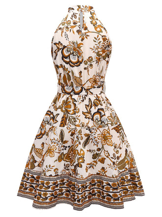 Robe fleurie style bohème couleur caramel des années 1970