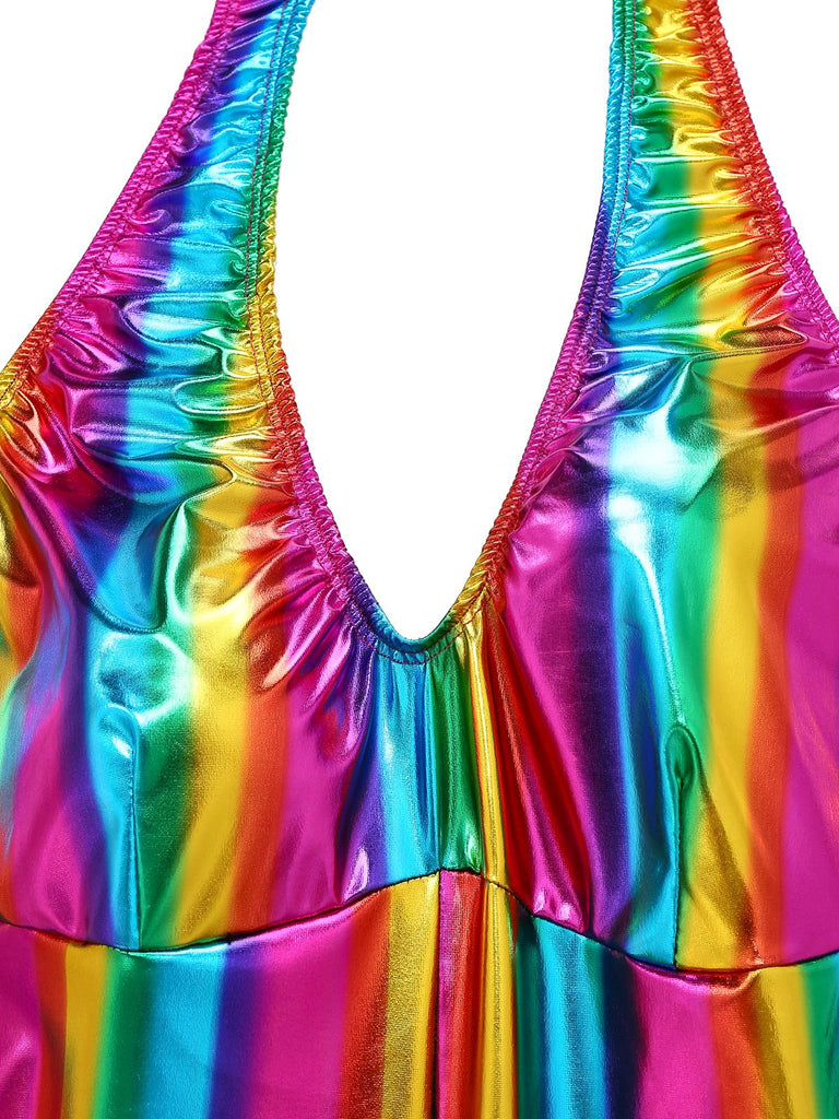 [Prévente] Combinaison dos nu disco blocs de couleurs arc-en-ciel des années 1970