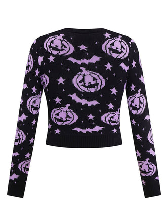 Pull en tricot noir à motif citrouille et chauve-souris d'Halloween des années 1970
