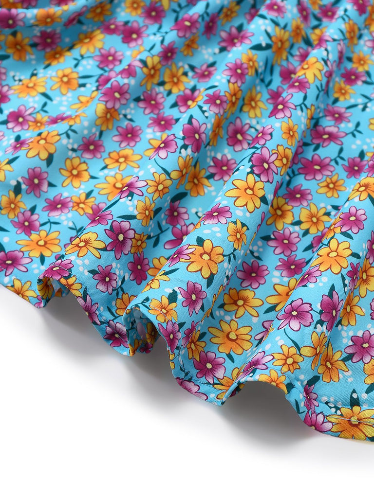 Robe Courte Bleue Marguerites Col V Fente Années 1960