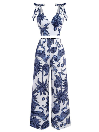 2PCS Haut court et pantalon bleu style bohème des années 1970