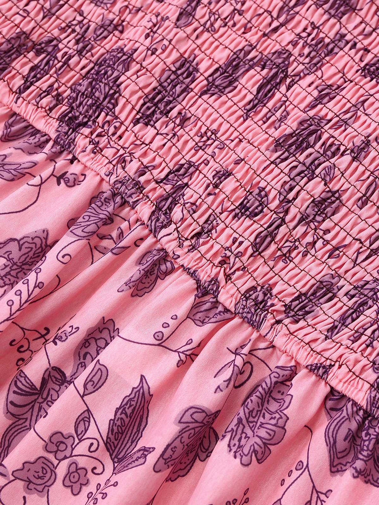 Combinaison Rose Bretelles Épaghetti Fleurs Smockée Années 1970