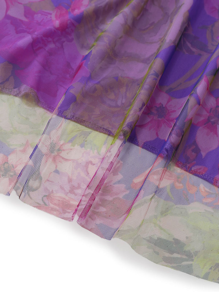 Robe de soirée violette une épaule en résille ornée de fleurs 3D années 1930