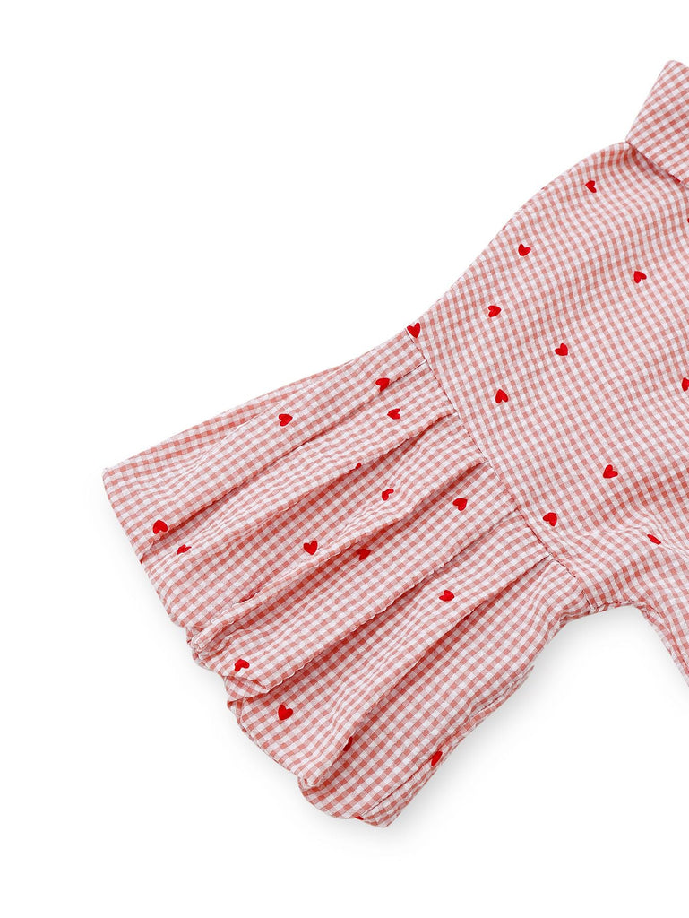 Robe Ceinturée Rose Carreaux Cœur Manches Lanterne Années 1940