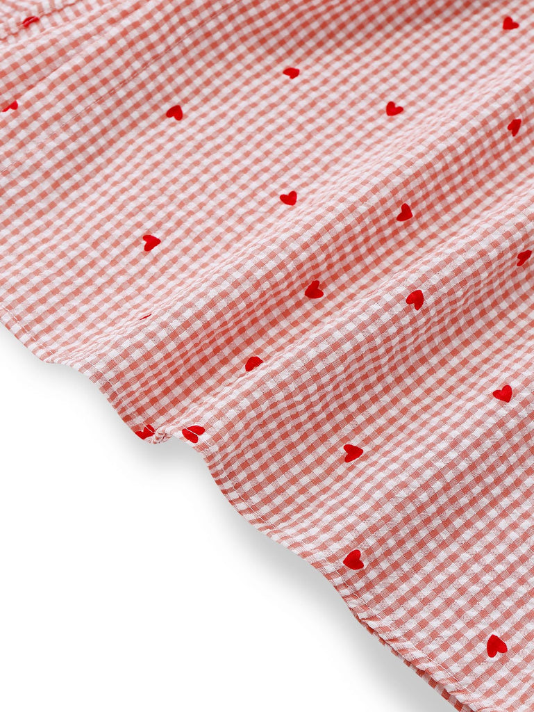 Robe Ceinturée Rose Carreaux Cœur Manches Lanterne Années 1940