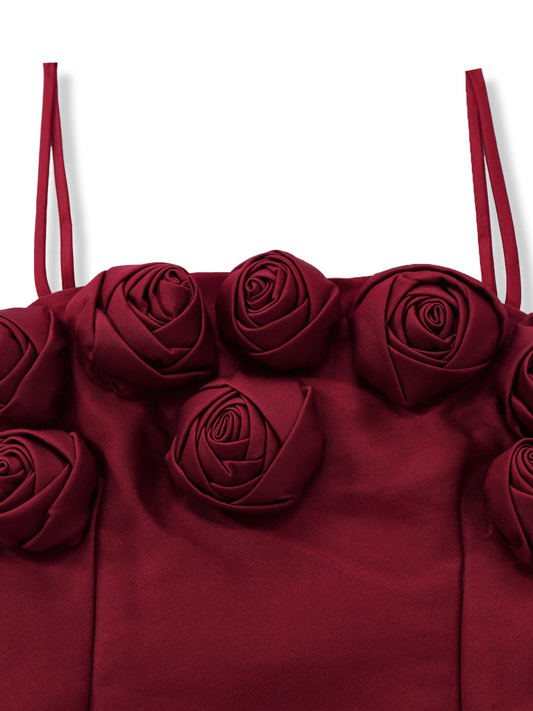 Robe Courte Rouge Vin  Unie Fleurs 3D Années 1960