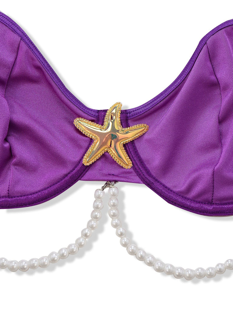 3PCS Ensemble de pyjama sirène en satin perle de mer violet années 1970