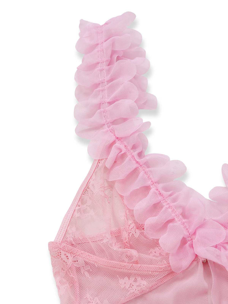 Ensemble de lingerie en dentelle transparente motif floral 3D rose années 1930