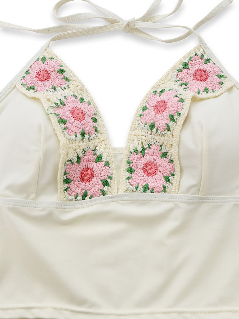 Ensemble Bikini Taille Haute Fleurs Brodées Artisanal Années 50