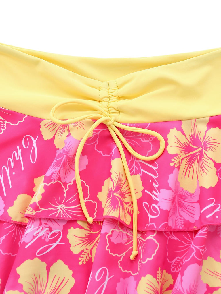Bikini marron imprimé floral volanté années 1960