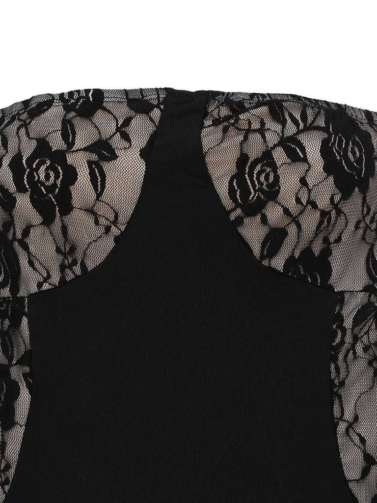 Combinaison évasée noire sans bretelles patchwork en dentelle des années 1970