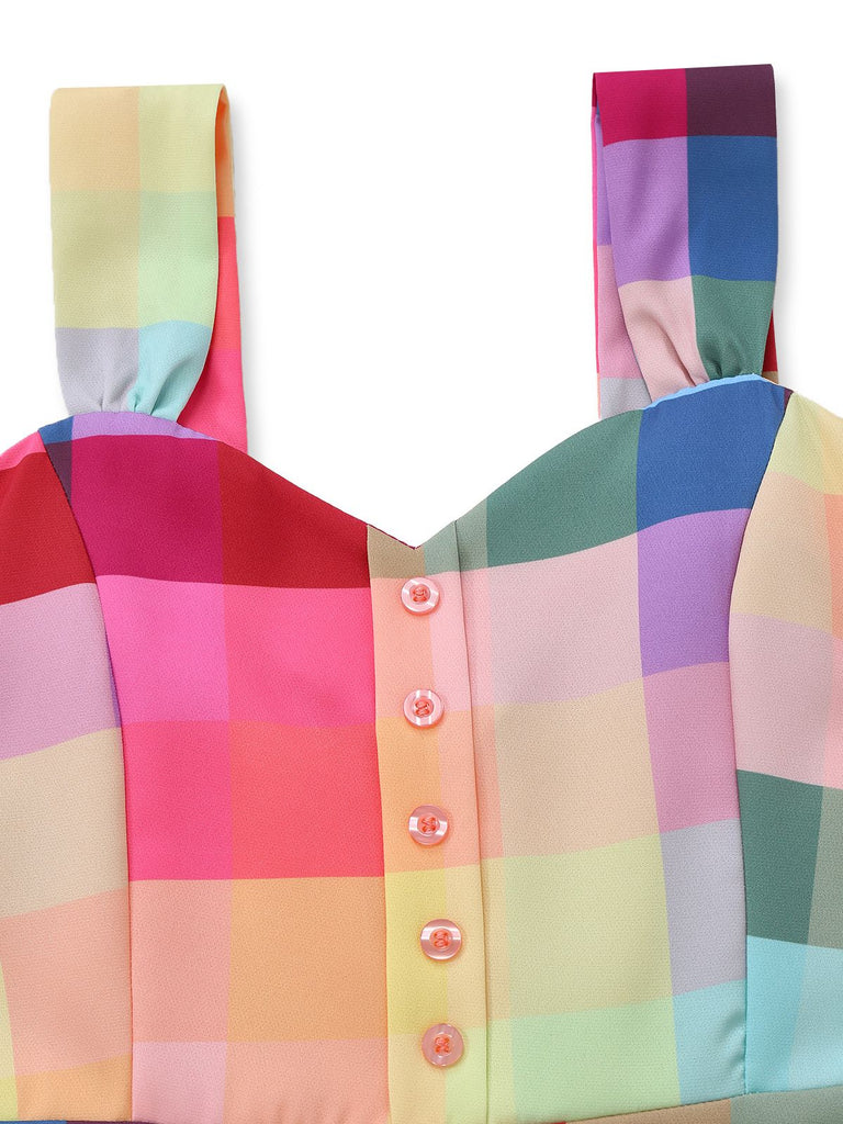 Robe trapèze larges bretelles carreaux colorés 1950s