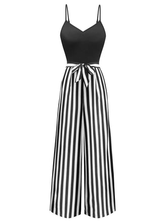 Combinaison rayée à bretelles spaghetti et ceinture des années 1970