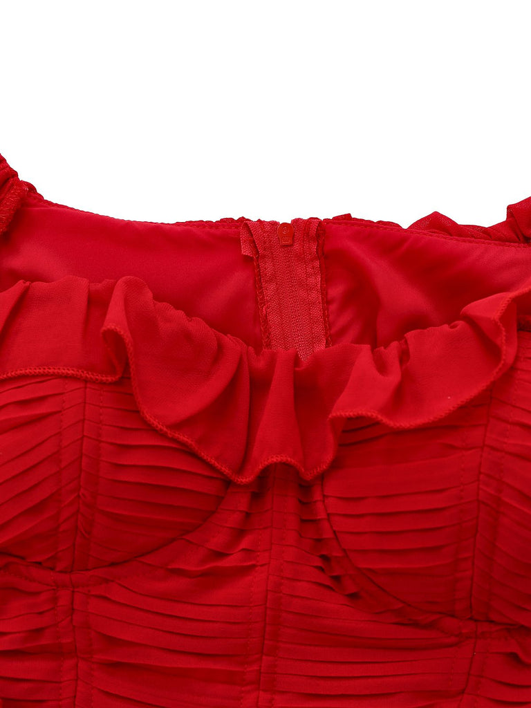 Robe longue à volants et épaules dénudées années 1950