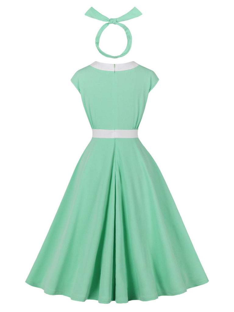 Mancherons Nœud Évasée Robe Vert glacé Années 1950 2