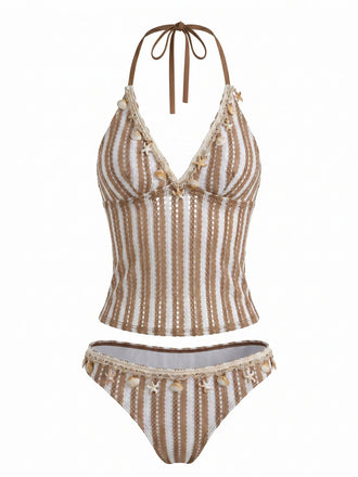 Ensemble Tankini en Crochet Rayé avec Ornements Coquillages & Étoile de Mer 3D Kaki Années 1950 2
