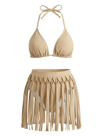Ensemble Bikini Halter Franges Patchwork Kaki Années 1970 2