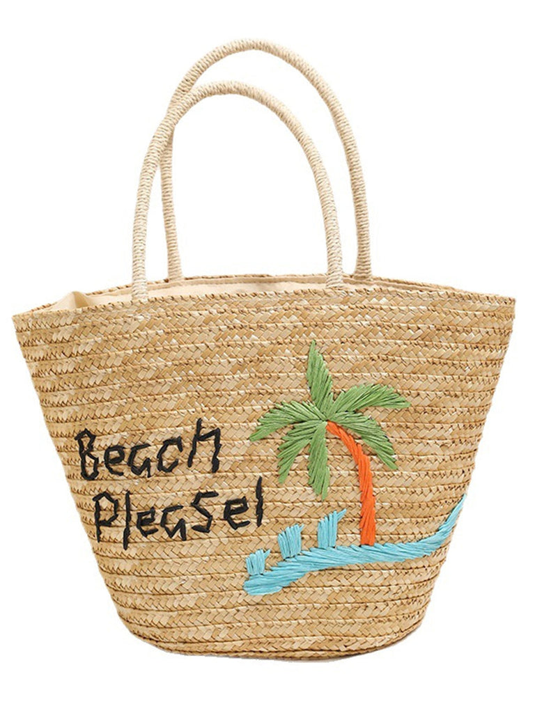 Grand Sac de Plage en Paille Brodé Palmier Cocotier Kaki