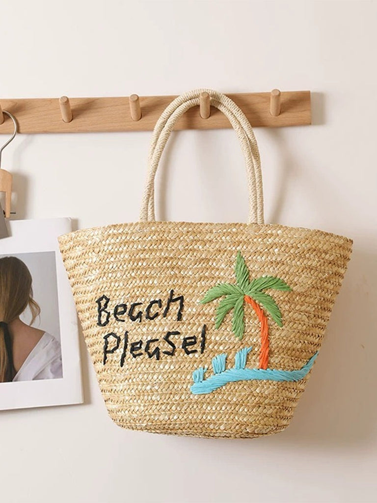Grand Sac de Plage en Paille Brodé Palmier Cocotier Kaki 2