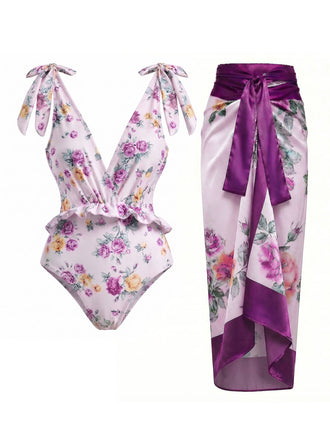 [Prévente] Maillot de Bain Asymétrique Floral & Cache-Maillot Lavande Années 1970