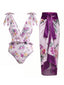 [Prévente] 2PCS Maillot de bain et paréo lavande asymétrique motif floral années 70