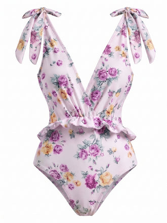 [Prévente] Maillot de Bain Asymétrique Floral & Cache-Maillot Lavande Années 1970 2