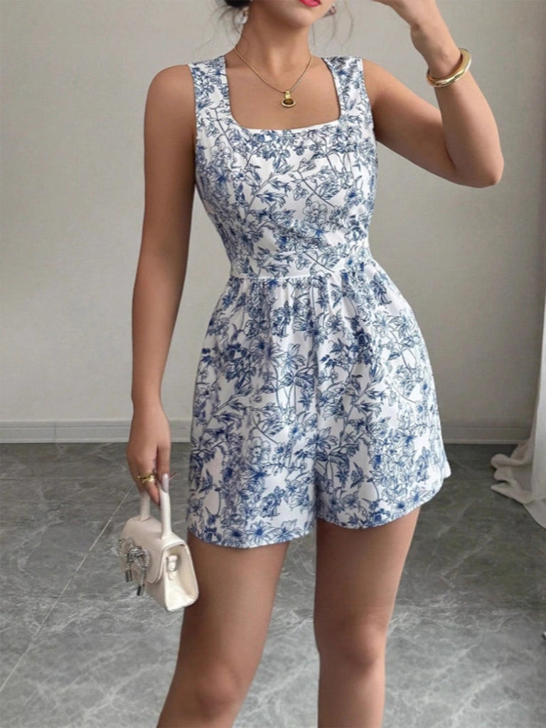 Combishort Sans Manches Col Carré Floral Bleu Années 1950 6