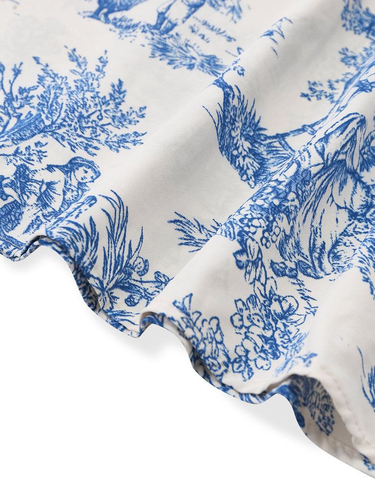 Robe Froncée Col V Imprimé Porcelaine Bleu Clair Années 50