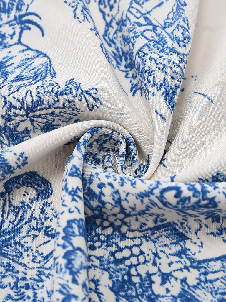 Robe Froncée Col V Imprimé Porcelaine Bleu Clair Années 50